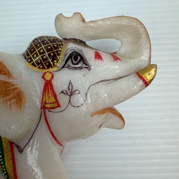 VTG White Marble Trunk Up Stone Hand Painted Elephant StatueHome Decor Gift